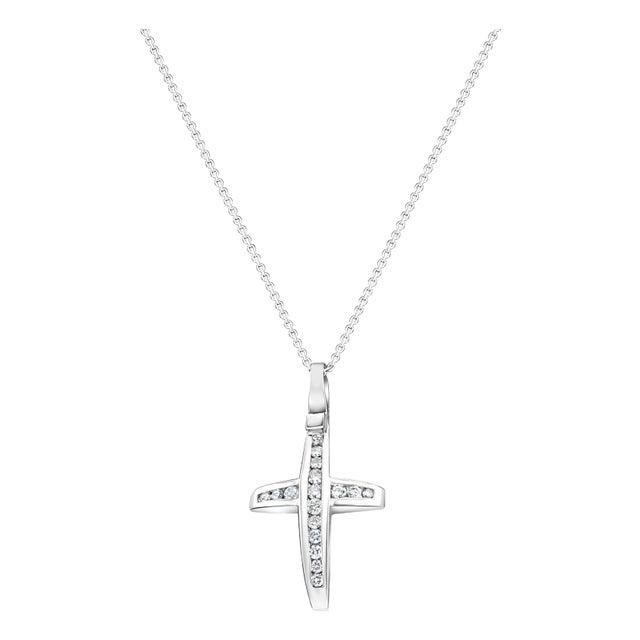 Half Carat Channel Diamond Cross Necklace 14k White Gold 16" For Sale