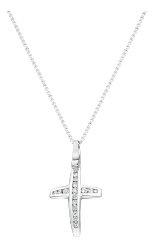 Half Carat Channel Diamond Cross Necklace 14k White Gold 16"