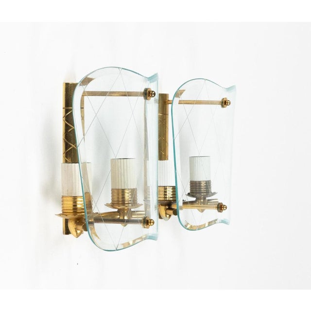 1950s Mid-Century Brass & Curved Glass Sconces in the style of FontanaArte, Italy, 1950s, Set of 3 For Sale - Image 5 of 18