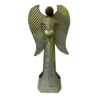 Large 21" Brutalist Folk Art Angel Candle Holder Lantern - Hand-Hammered Steel Drum For Sale