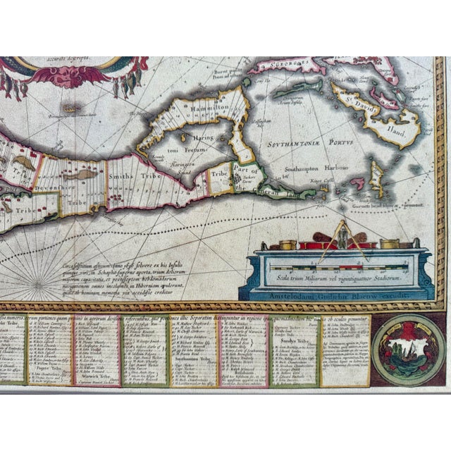 Glass 17th Century Willem Janszoon Blaeu (Dutch, 1571–1638) “Mappa Aestivarum Insularum Alias Bermudas,” C. 1635–1650 Hand-Colored Copperplate Engraving For Sale - Image 7 of 12