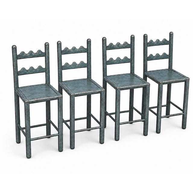 Set of 4 country French solid oak counter stools. Stools are done in a rich Antique blue distressed finish by our shop The...