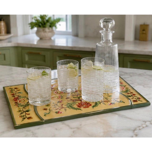 Champagne Vintage Hollywood Regency Style Floral Chinoiserie Glass-Top Serving Tray For Sale - Image 8 of 12