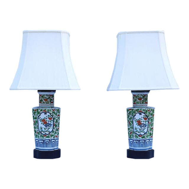 1950s Chinese Floral Porcelain Table Lamps 19th-Century Famille Verte Style, a Pair For Sale
