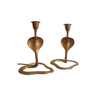 Vintage Brass Cobra Snake Candlesticks - A Pair For Sale