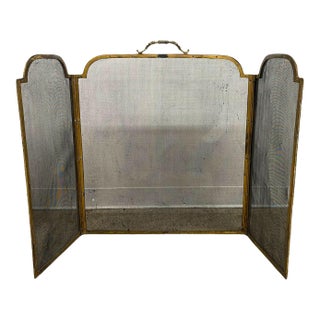 Vintage Brass-Toned Fireplace Screen With Folding Mesh Panels and Ornate Handle For Sale