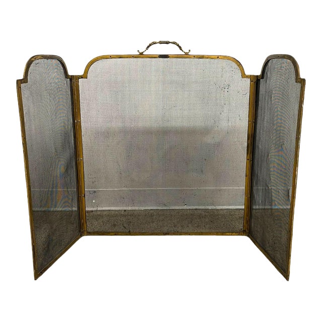 Vintage Brass-Toned Fireplace Screen With Folding Mesh Panels and Ornate Handle For Sale
