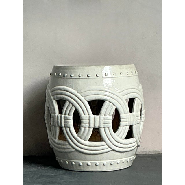 Vintage Boho Glazed Ceramic Low Stool For Sale In West Palm - Image 6 of 6