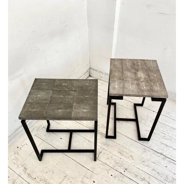 Pair of side table or end table, in Galuchat and base in black steel from the eighties. in the style of famous decorator...