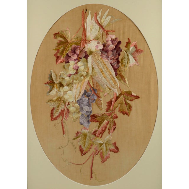 Embroidered Victorian Fruit Still Life A beautiful embroidery of a colorful grape vine with rich colors of red, purple and...