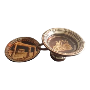 Antique Mycenaean Hellenic Hand-Painted Art Pottery Pedestal Bowl & Plate Set- 2 Pieces