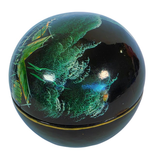 Black Vintage Japanese Lacquerware Round Trinket Box With Porcelain Rose Accent For Sale - Image 8 of 17