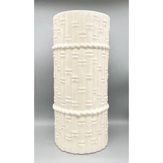 Ornamental & Decorative Materials Vintage White Faux Bamboo Ceramic Umbrella Stand or Walking Stick Holder – Hollywood Regency / Coastal For Sale - Image 7 of 12