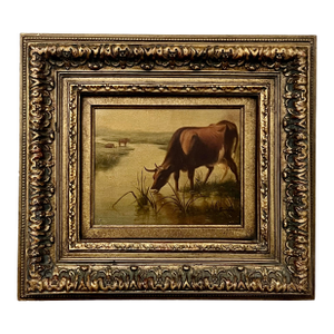 Vintage Pastoral Landscape Cows Painting, Framed