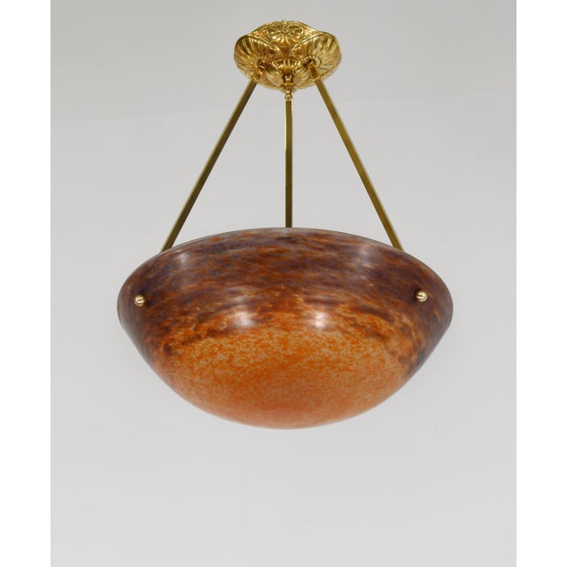 Art Deco 1920s French Art Deco Muller Frères Pendant Chandelier - Orange Mottled Glass For Sale - Image 3 of 11