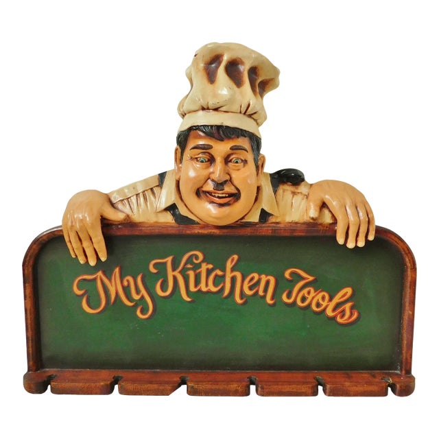 Large Vintage 1980s Figural Chef "My Kitchen Tools" Kitchen Utensil Holder Hanging Wall Sign For Sale