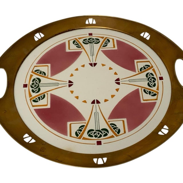 Brass Antique German Jugendstil Wächtersbach Attributed Ceramic & Pierced Brass Tray C. 1905-1920 For Sale - Image 8 of 9