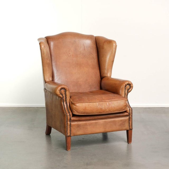 English Sheepskin Wing Armchair in Light Cognac Color For Sale - Image 13 of 13