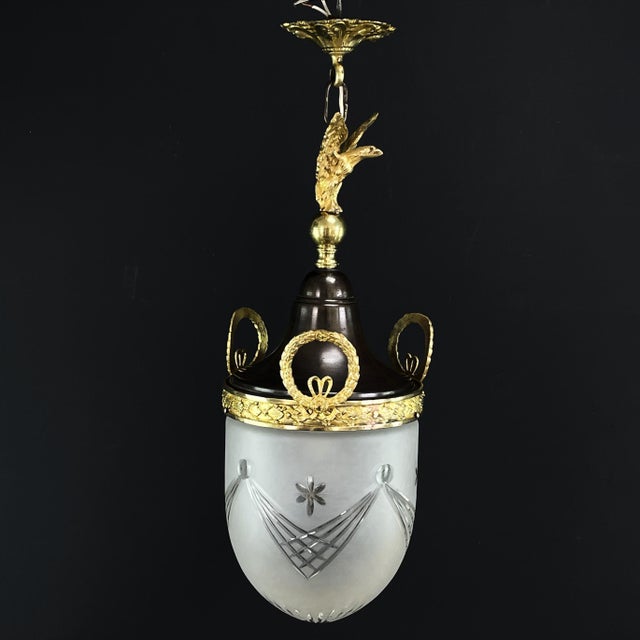 Art nouveau bronze ceiling lamp with eagle, 1900s the lamp is made of high-quality bronze and brass, which have been...