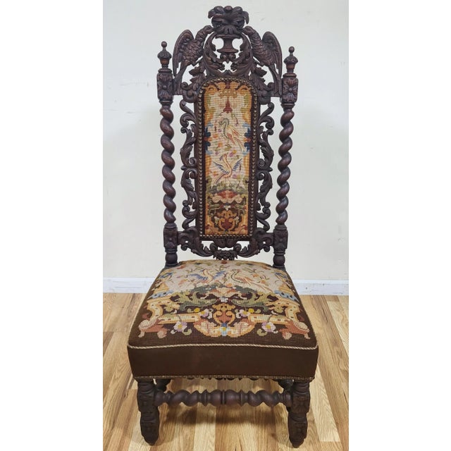 French Country Antique French Renaissance Revival Jacobean Carved Needlepoint Chair For Sale - Image 3 of 14