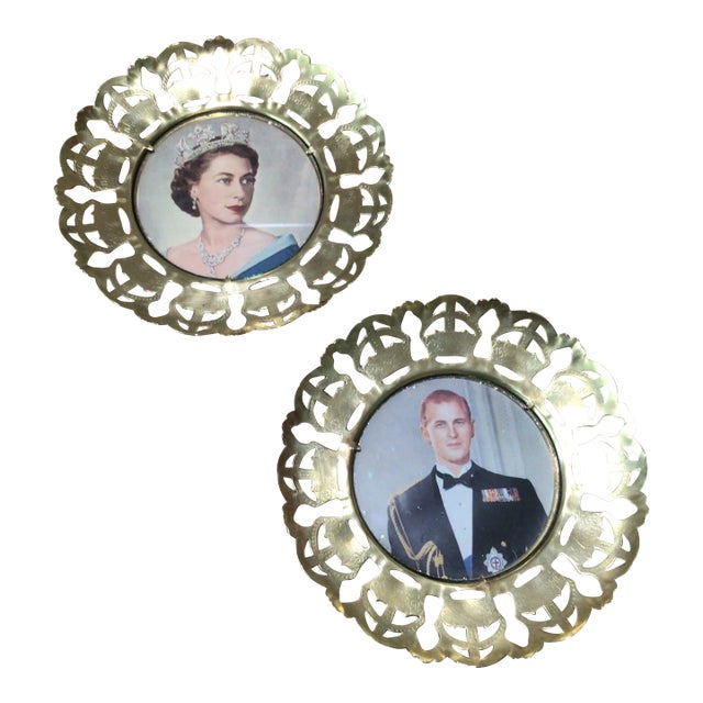 Vintage Queen Elizabeth and Prince Phillip Brass Crown Filigree Coronation Wall Decor - a Pair For Sale