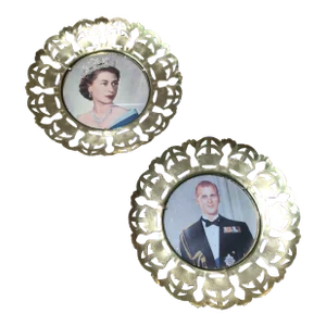Vintage Queen Elizabeth and Prince Phillip Brass Crown Filigree Coronation Wall Decor - a Pair