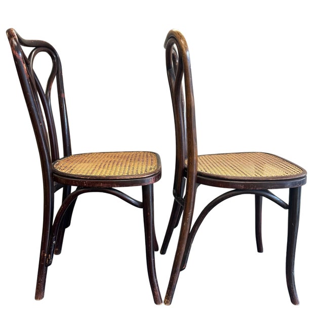 Thonet Pair Pre-1920 Thonet Bentwood and Cane Dining Chairs With Loop Shaped Leg Braces For Sale - Image 4 of 12