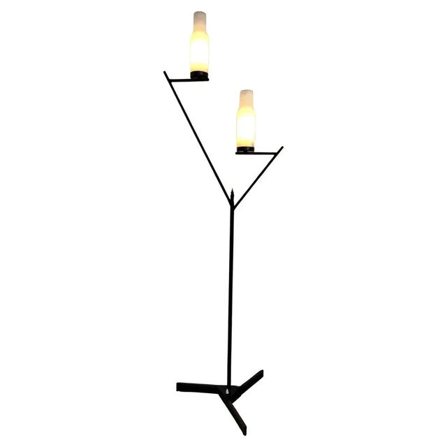 Mid-Century Art Deco Italian Black Metal Gilt Brass Opaline Glass Floor Lamp, 1950s For Sale - Image 9 of 9