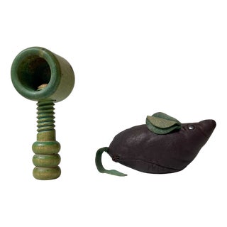 Vintage Danish Green Nutcracker and Guarding Leather Rat, 1970s, Set of 2 For Sale