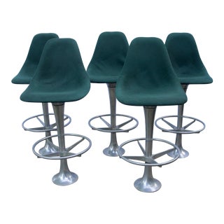 Mid-Century Modern Green Floor Anchored Bar Stools - Set of 5 For Sale