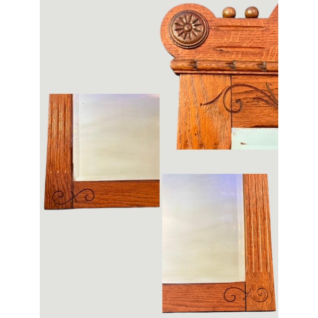 Antique Eastlake Oak Wall Mirror-Carved Crest-1890s-Victorian Hall-Vintage-Entry For Sale - Image 9 of 11