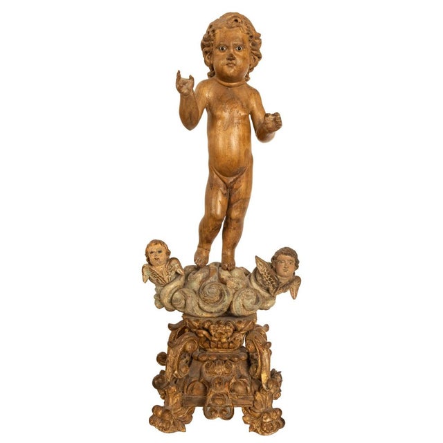 Wood Antique 17thC Spanish Baroque Painted Carved Sculpture Salvator Mundi Jesus 1620 For Sale - Image 7 of 17