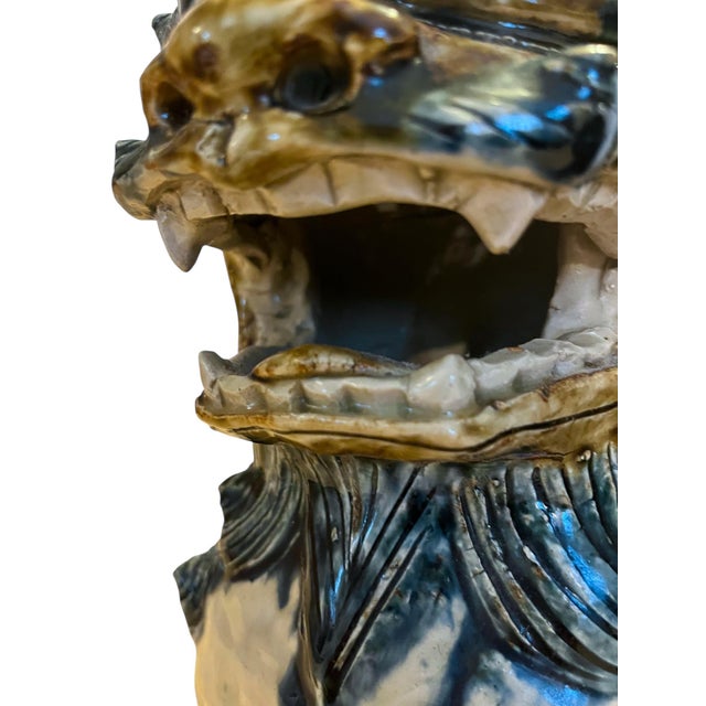 Large Mid-Century Chinese Ceramic Foo Dog Guardian Lion Pair — Tortoiseshell Glaze For Sale - Image 4 of 12