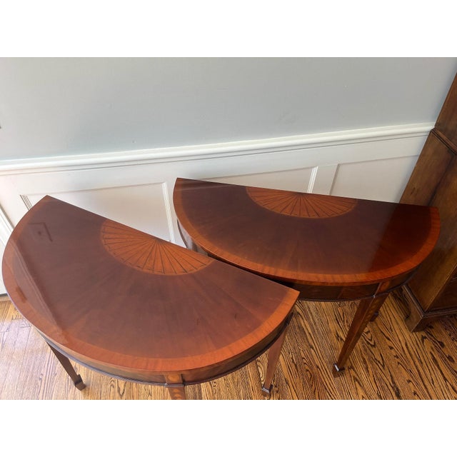 Mid 20th Century Mid 20th Century Pair of Inlaid Demilune Hepplewhite-Style Console Tables For Sale - Image 5 of 9
