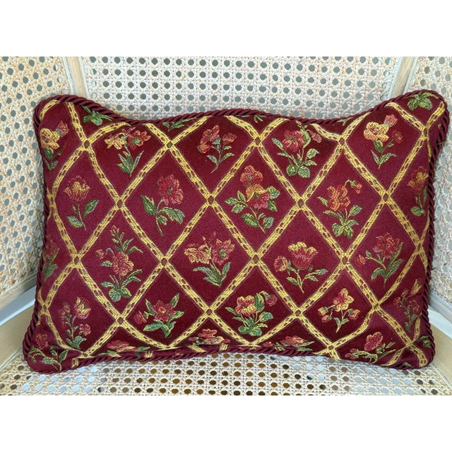 Victorian Late 20th Century Burgundy Floral Trellis Tapestry Lumbar Pillow With Rope Trim For Sale - Image 3 of 7