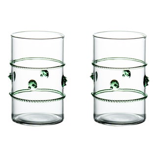 Clear Votive with Green Applied Glass Rope/Medallions - Set of 2