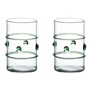 Clear Votive with Green Applied Glass Rope/Medallions - Set of 2 For Sale