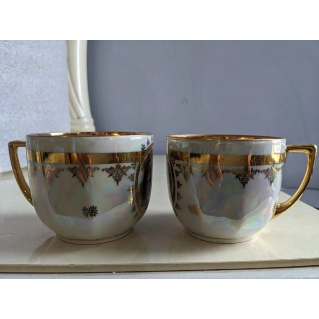 Gold 1950s Vintage Carlsbad Fine Porcelain Gold Neoclassical 2 Teacups and 1 Saucer Set For Sale - Image 8 of 10