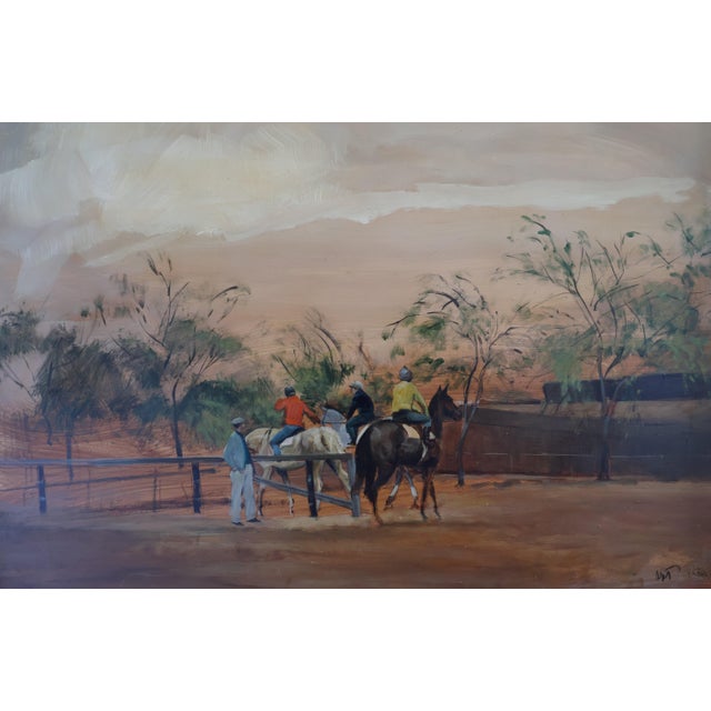 Wood Circa 1967 Charles Apt Thoroughbred Paddock Oil Painting—Gallery Framed For Sale - Image 7 of 16