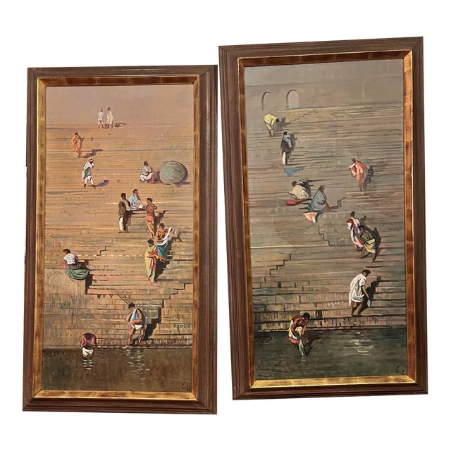 Leonid Berman Pair Oil Paintings Benares India 1961 Signed 30x15 For Sale