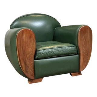 Art Deco Style Club Chair in Leather and Beech, 1980s For Sale