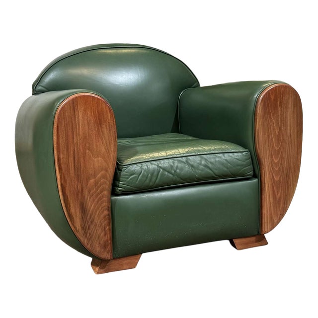 Art Deco Style Club Chair in Leather and Beech, 1980s For Sale