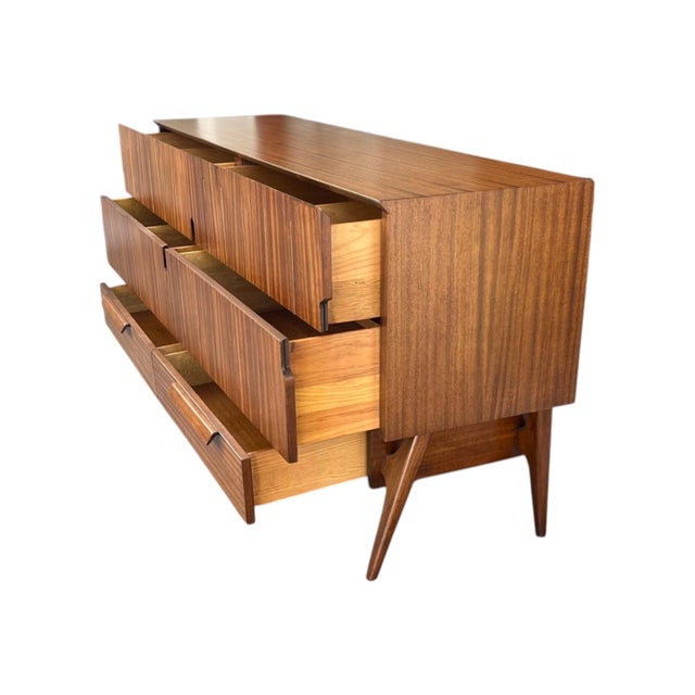 Burnt Umber Mid-Century Modern Walnut Dresser With Sculpted Integrated Pulls and Splayed Legs” For Sale - Image 8 of 15