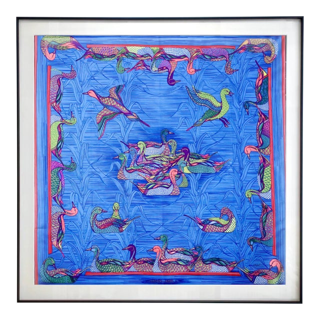 1980s Framed Hermès Silk Scarf "La Mare Aux Canards" by Daphne Duchesne - Midnight Black Frame For Sale