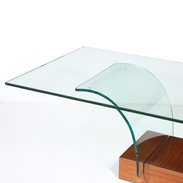 1940s Mid-Century Modernage Curved Glass Cocktail Table W/ Rectilinear Walnut Base For Sale - Image 5 of 14