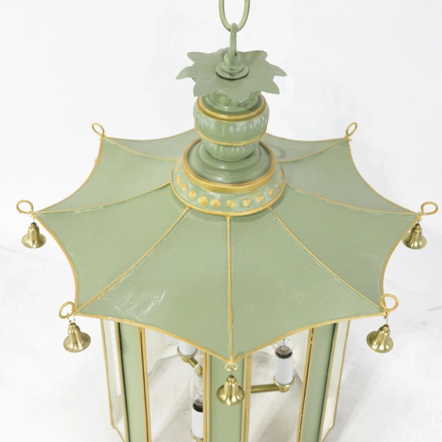 Metal Vintage Green and Gold Chinoiserie Pagoda Tole Chandelier With Hanging Bells For Sale - Image 7 of 17