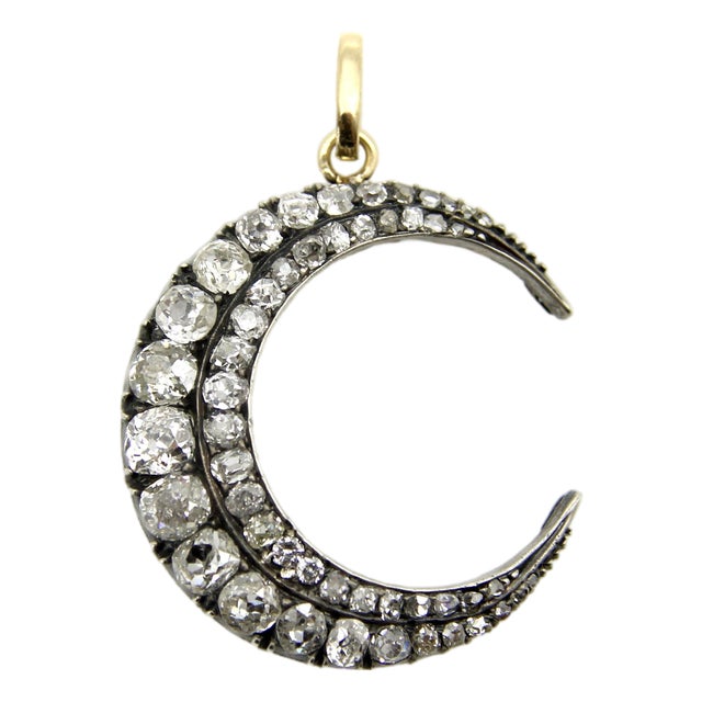 Mid 19th Century Early Victorian Silver Front 14k Gold Back Old Mine Cut Diamond Crescent Moon Pendant For Sale