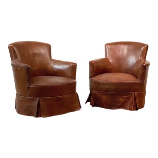 Pair of Petit Antique French Leather Club Chairs For Sale