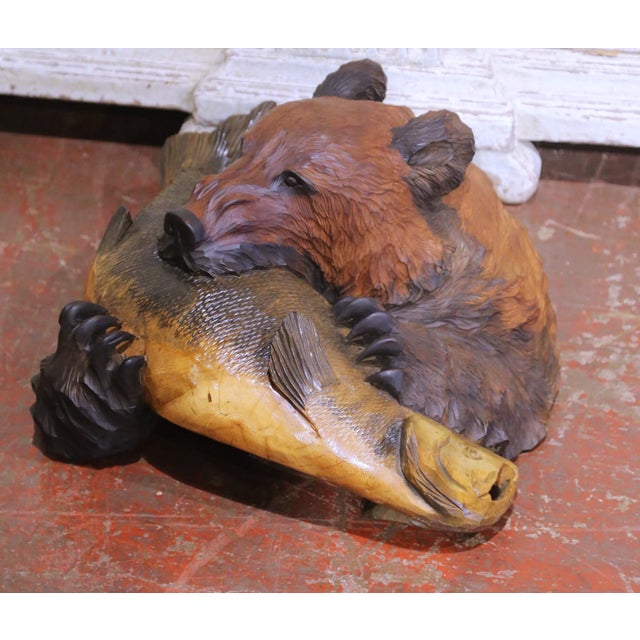 Rustic 19th Century German Black Forest Walnut Bear and Fish Carved Wall Sculpture For Sale - Image 3 of 6
