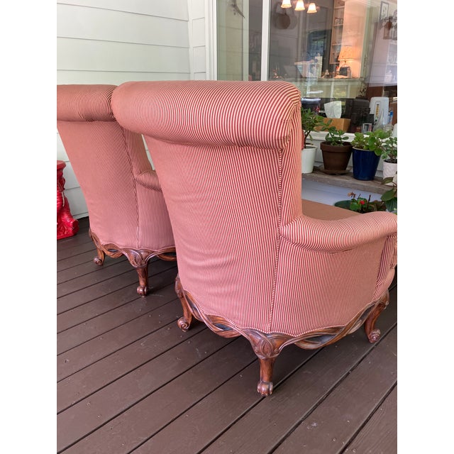 Henredon Upholstered English Arm Carved Base Club Chairs- A Pair For Sale - Image 11 of 17